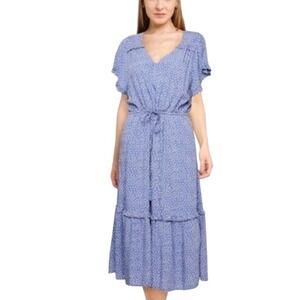 GAP Blue White Polka Dot Tiered Midi Dress‎ Flutter Sleeve Vneck Size Large